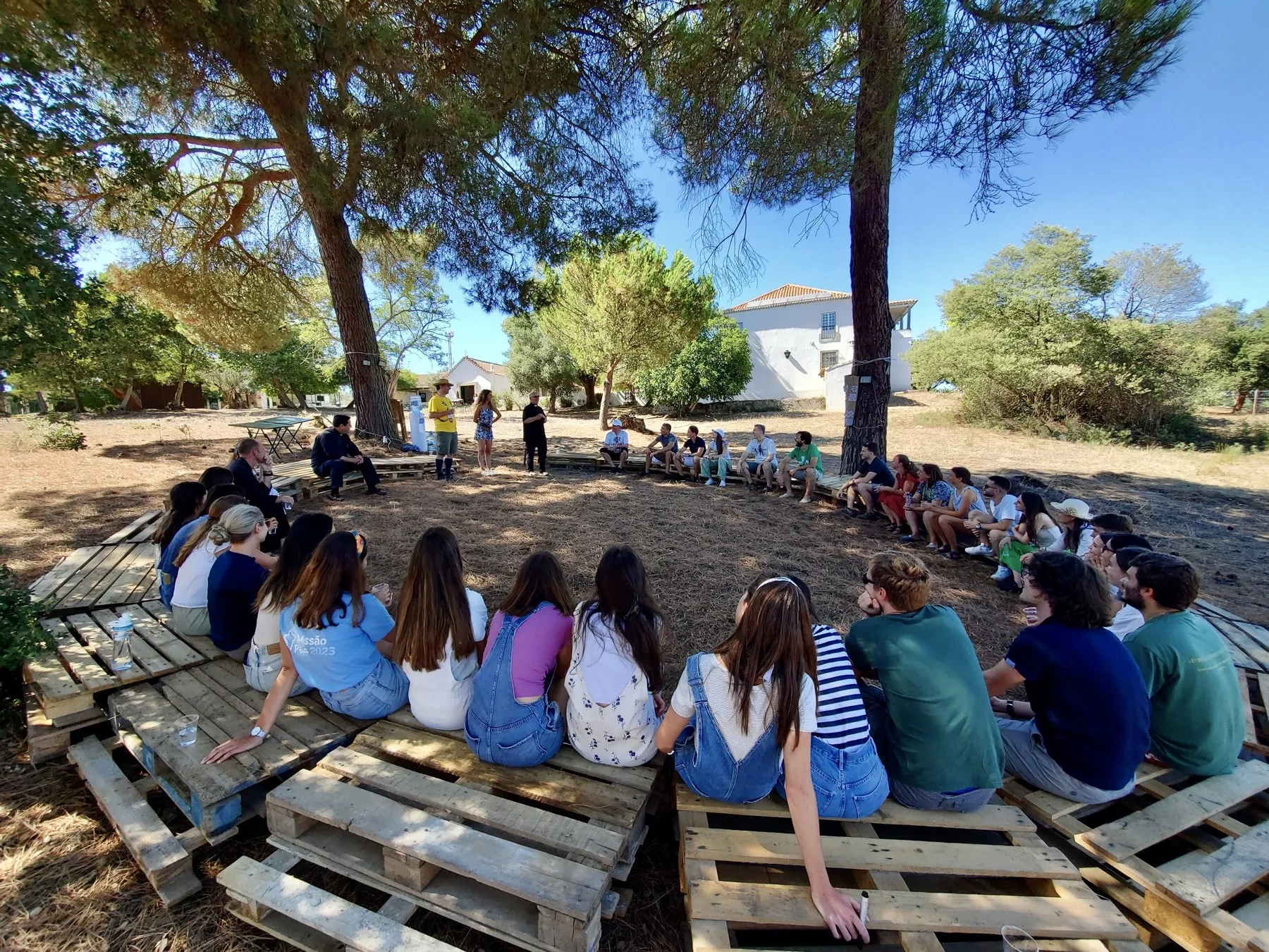 Young doctors and medical students sitting in a circle under pine trees